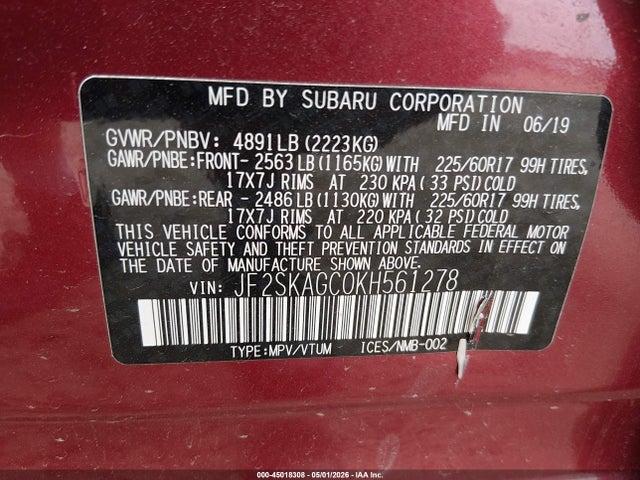 Aukcja sprzedaży 2019 Subaru Forester Premium, vin: JF2SKAGC0KH561278, numer aukcji: 45018308