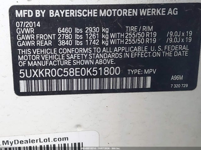 Auction sale of the 2014 Bmw X5 Xdrive35i, vin: 5UXKR0C58E0K51800, lot number: 45018314