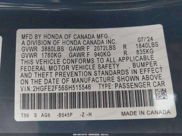 Honda Civic Sport 2025 2HGFE2F56SH515546 Image 9