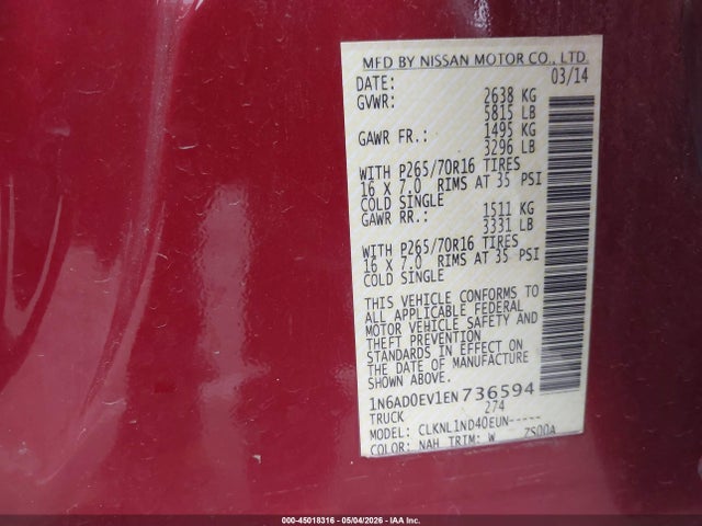 45018316 :رقم المزاد ، 1N6AD0EV1EN736594 vin ، 2014 Nissan Frontier S مزاد بيع