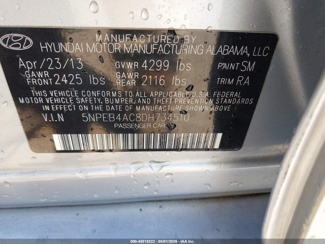 Aukcja sprzedaży 2013 Hyundai Sonata Gls, vin: 5NPEB4AC8DH734510, numer aukcji: 45018322