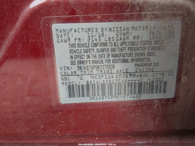 3N1AB7AP9KY275638 Nissan SENTRA SV