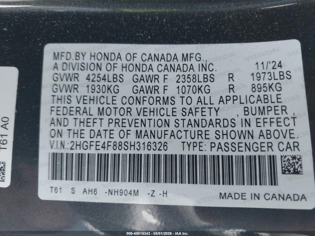 2HGFE4F88SH316326 Honda Civic Hybrid Sport/sport Touring