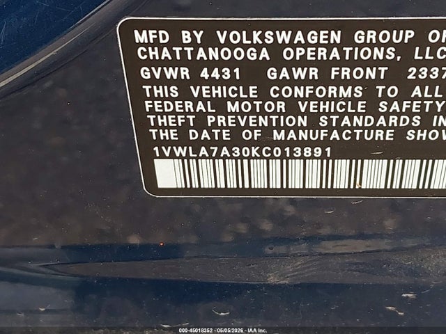2019 Volkswagen Passat 2.0t Wolfsburg Edition მანქანა იყიდება აუქციონზე, vin: 1VWLA7A30KC013891, აუქციონის ნომერი: 45018352