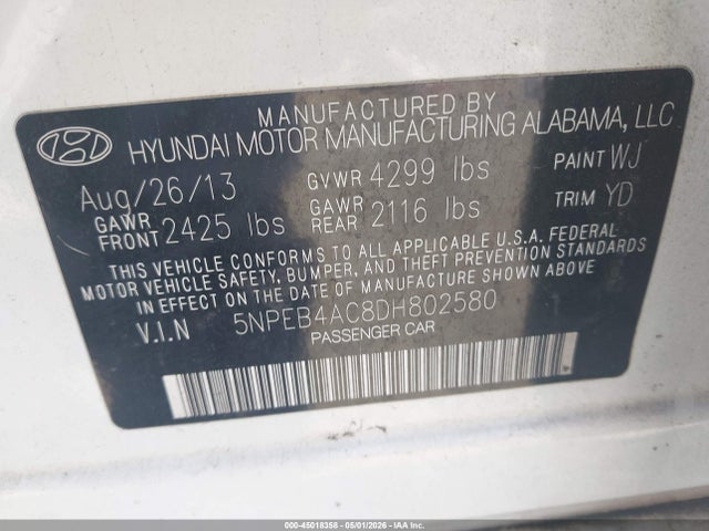 Продаж на аукціоні авто 2013 Hyundai Sonata Gls, vin: 5NPEB4AC8DH802580, номер лоту: 45018358