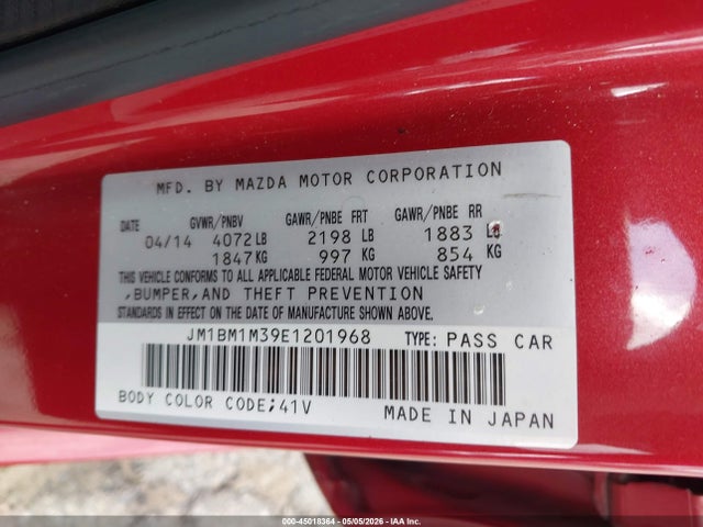 45018364 :رقم المزاد ، JM1BM1M39E1201968 vin ، 2014 Mazda Mazda3 S Grand Touring مزاد بيع