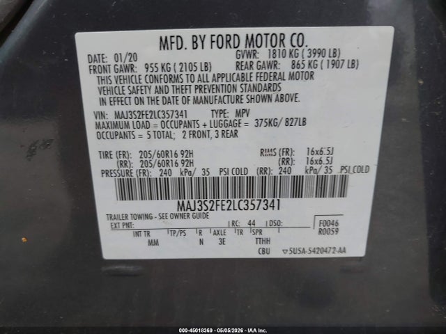 45018369 :رقم المزاد ، MAJ3S2FE2LC357341 vin ، 2020 Ford Ecosport S مزاد بيع