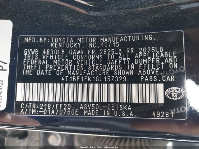 Aukcja sprzedaży 2016 Toyota Camry Se, vin: 4T1BF1FK1GU157329, numer aukcji: 45018381