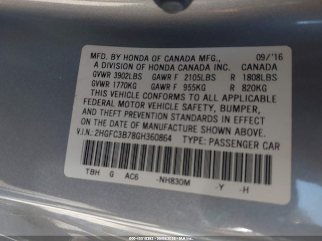 2016 Honda Civic Ex-l მანქანა იყიდება აუქციონზე, vin: 2HGFC3B78GH360864, აუქციონის ნომერი: 45018382