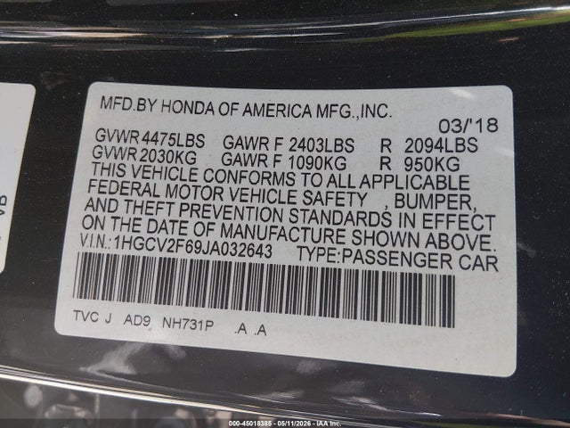 2018 Honda Accord Ex-l 2.0t მანქანა იყიდება აუქციონზე, vin: 1HGCV2F69JA032643, აუქციონის ნომერი: 45018385