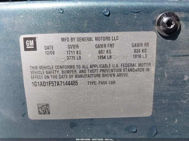 2010 Chevrolet Cobalt Lt მანქანა იყიდება აუქციონზე, vin: 1G1AD1F57A7144485, აუქციონის ნომერი: 45018386