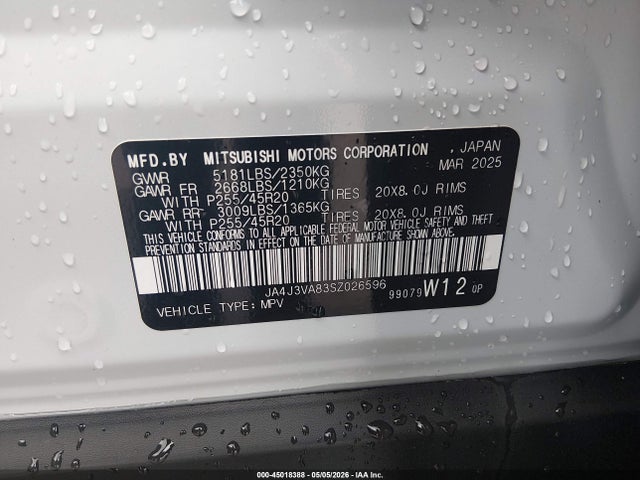 Aukcja sprzedaży 2025 Mitsubishi Outlander Se 2.5 2wd, vin: JA4J3VA83SZ026596, numer aukcji: 45018388