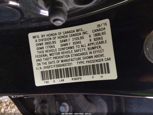 45018391 :رقم المزاد ، 2HGFC1F30GH657221 vin ، 2016 Honda Civic Ex-t مزاد بيع