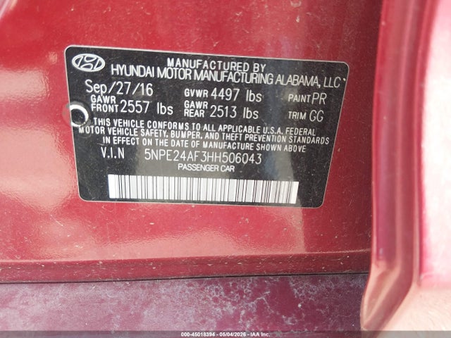 Продажа на аукционе авто 2017 Hyundai Sonata Se, vin: 5NPE24AF3HH506043, номер лота: 45018394