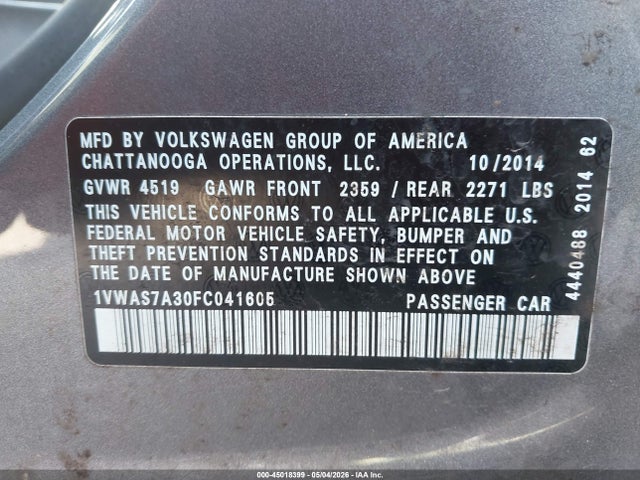 2015 Volkswagen Passat 1.8t Wolfsburg Edition მანქანა იყიდება აუქციონზე, vin: 1VWAS7A30FC041605, აუქციონის ნომერი: 45018399