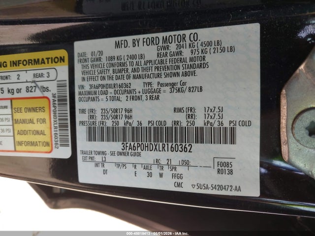 Auction sale of the 2020 Ford Fusion Se, vin: 3FA6P0HDXLR160362, lot number: 45018413