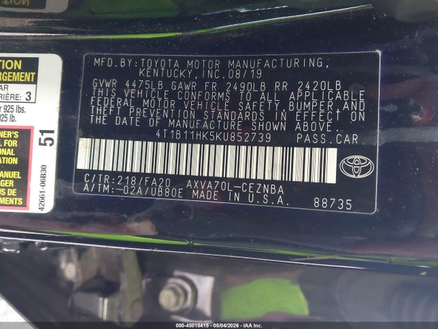 45018415 :رقم المزاد ، 4T1B11HK5KU852739 vin ، 2019 Toyota Camry Le مزاد بيع