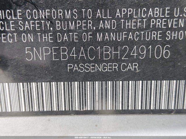 45018417 :رقم المزاد ، 5NPEB4AC1BH249106 vin ، 2011 Hyundai Sonata Gls مزاد بيع