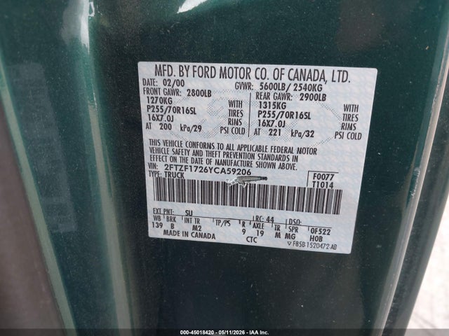 Продажа на аукционе авто 2000 Ford F-150 Work Series/xl/xlt, vin: 2FTZF1726YCA59206, номер лота: 45018420