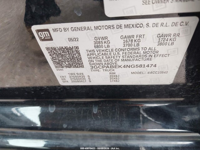 2022 Chevrolet Silverado 1500 2wd  Short Bed Custom მანქანა იყიდება აუქციონზე, vin: 3GCPABEK4NG581474, აუქციონის ნომერი: 45018423