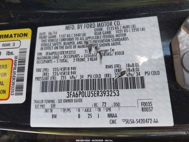Aukcja sprzedaży 2014 Ford Fusion Hybrid Se, vin: 3FA6P0LU5ER393253, numer aukcji: 45018424