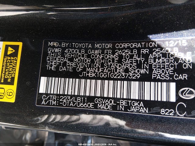 Продажа на аукционе авто 2016 Lexus Es 350, vin: JTHBK1GG1G2237329, номер лота: 45018435