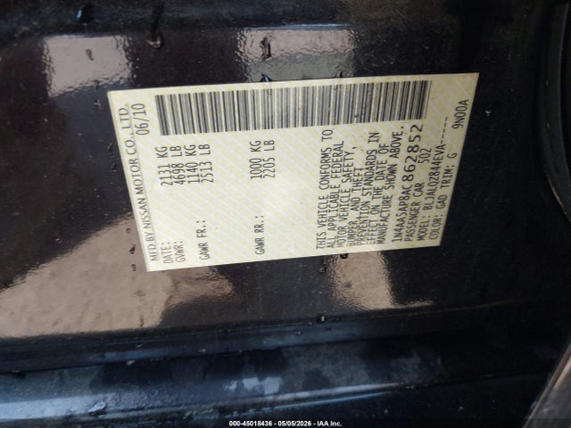 Aukcja sprzedaży 2010 Nissan Maxima 3.5 S, vin: 1N4AA5AP8AC862852, numer aukcji: 45018436