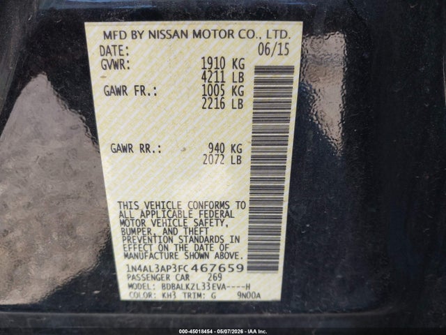 45018454 :رقم المزاد ، 1N4AL3AP3FC467659 vin ، 2015 Nissan Altima 2.5 Sv مزاد بيع