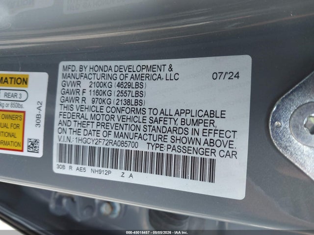 Продажа на аукционе авто 2024 Honda Accord Hybrid Sport-l, vin: 1HGCY2F72RA085700, номер лота: 45018457