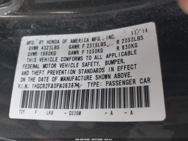 1HGCR2F80FA063874 Honda Accord Ex-l