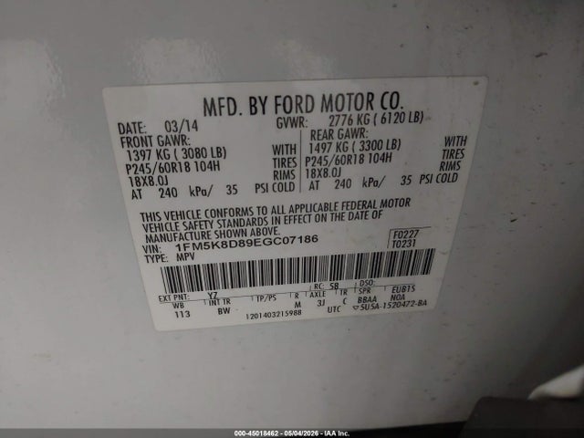 Aukcja sprzedaży 2014 Ford Explorer Xlt, vin: 1FM5K8D89EGC07186, numer aukcji: 45018462
