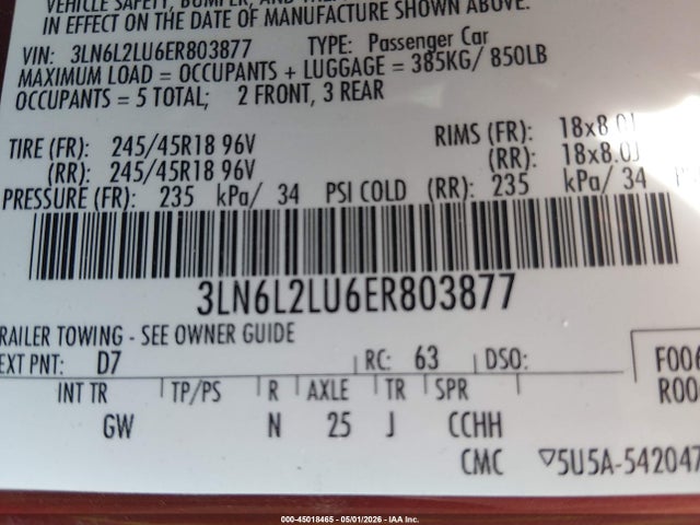45018465 :رقم المزاد ، 3LN6L2LU6ER803877 vin ، 2014 Lincoln Mkz Hybrid مزاد بيع