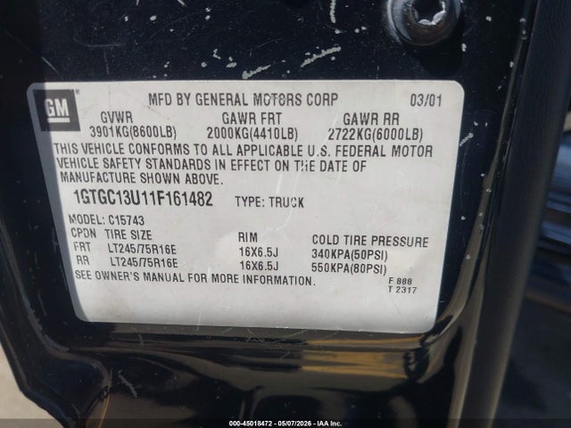 45018472 :رقم المزاد ، 1GTGC13U11F161482 vin ، 2001 Gmc Sierra 1500hd Sle مزاد بيع