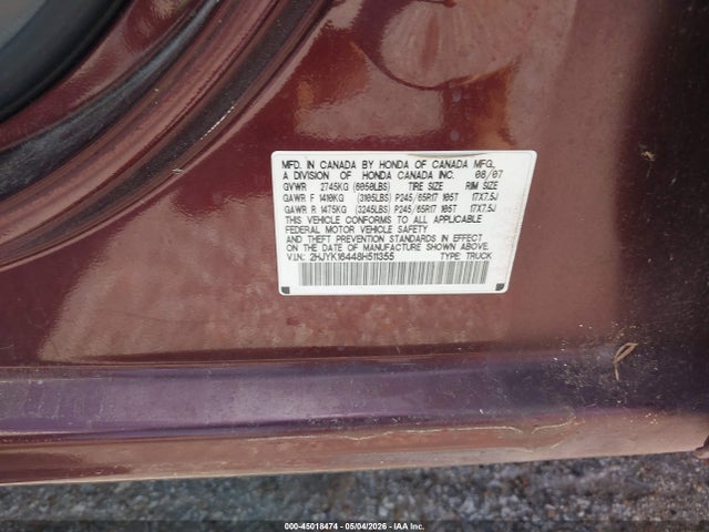 Продаж на аукціоні авто 2008 Honda Ridgeline Rts, vin: 2HJYK16448H511355, номер лоту: 45018474