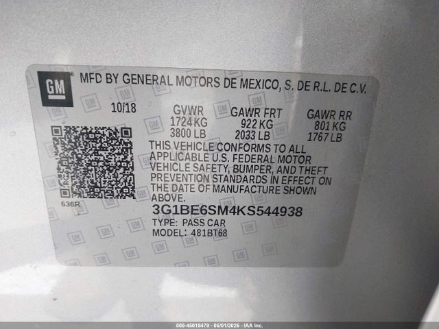 Aukcja sprzedaży 2019 Chevrolet Cruze Lt, vin: 3G1BE6SM4KS544938, numer aukcji: 45018479