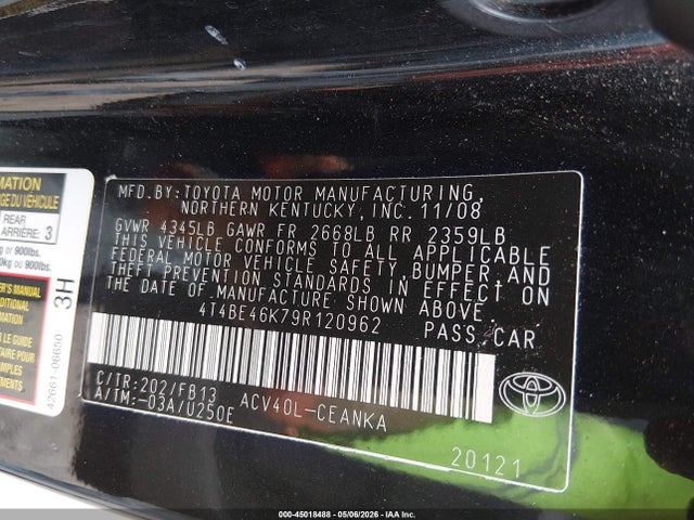 2009 Toyota Camry Le მანქანა იყიდება აუქციონზე, vin: 4T4BE46K79R120962, აუქციონის ნომერი: 45018488