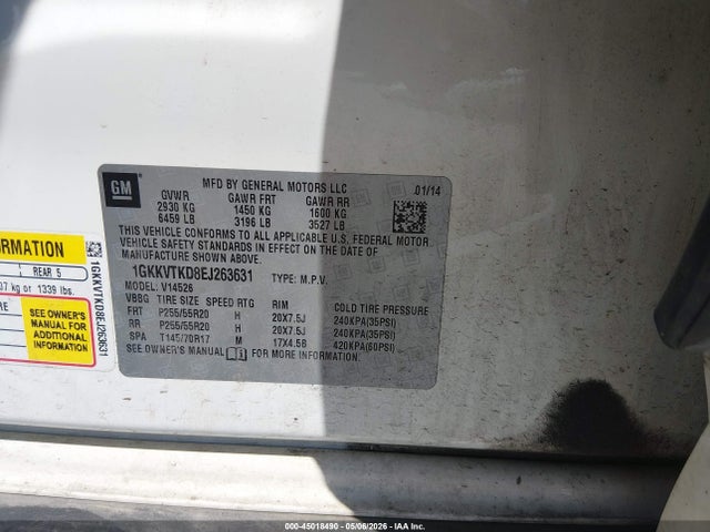 2014 Gmc Acadia Denali მანქანა იყიდება აუქციონზე, vin: 1GKKVTKD8EJ263631, აუქციონის ნომერი: 45018490
