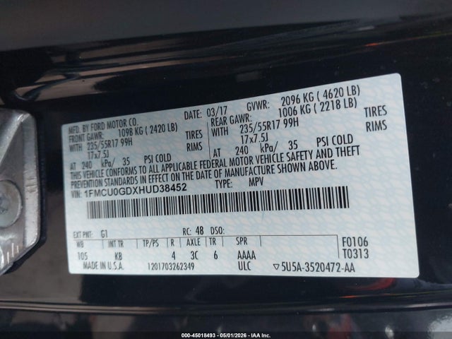 Aukcja sprzedaży 2017 Ford Escape Se, vin: 1FMCU0GDXHUD38452, numer aukcji: 45018493