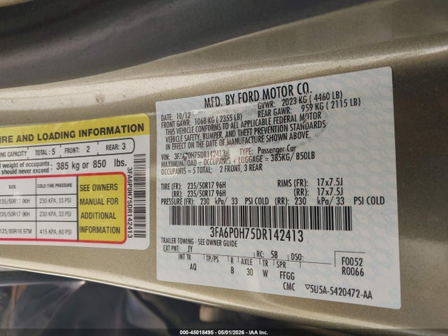 Продажа на аукционе авто 2013 Ford Fusion Se, vin: 3FA6P0H75DR142413, номер лота: 45018495