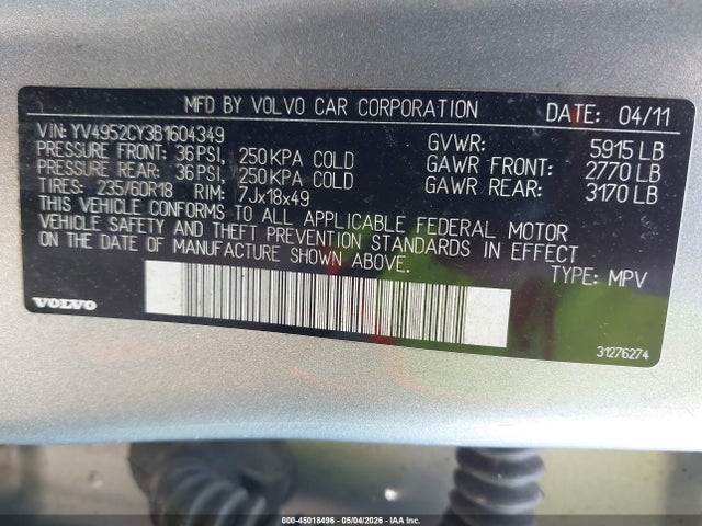 Продажа на аукционе авто 2011 Volvo Xc90 3.2, vin: YV4952CY3B1604349, номер лота: 45018496