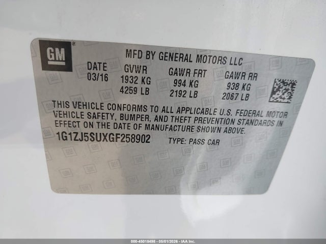 1G1ZJ5SUXGF258902 Chevrolet MALIBU HYBRID
