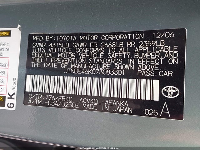 Aukcja sprzedaży 2007 Toyota Camry Le, vin: JTNBE46K073083301, numer aukcji: 45018511