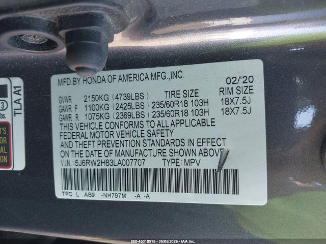 Honda Cr-v Awd Ex-l 2020 5J6RW2H83LA007707 Image 9