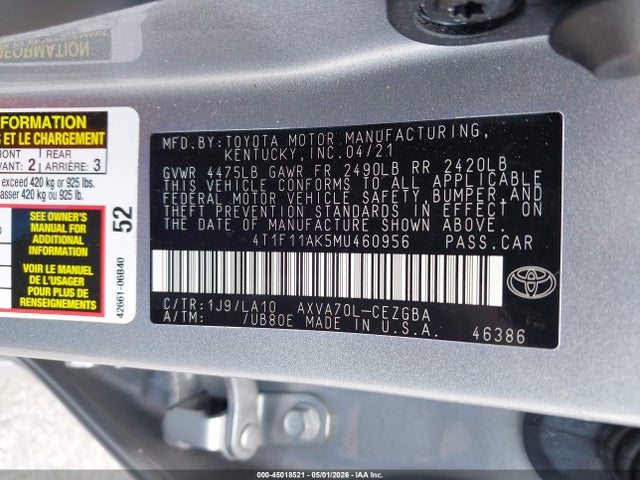 45018521 :رقم المزاد ، 4T1F11AK5MU460956 vin ، 2021 Toyota Camry Xle مزاد بيع
