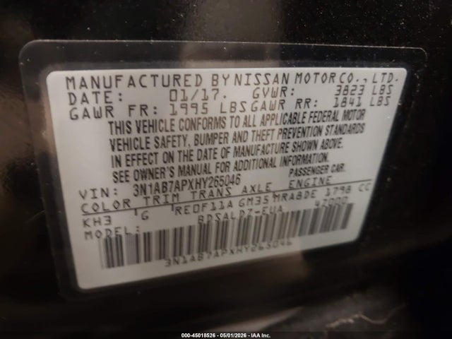 Продажа на аукционе авто 2017 Nissan Sentra Sv, vin: 3N1AB7APXHY265046, номер лота: 45018526