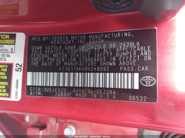 4T1G11AK4RU248092 Toyota CAMRY SE