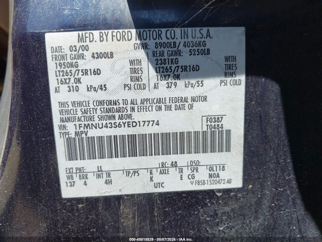 Aukcja sprzedaży 2000 Ford Excursion Limited, vin: 1FMNU43S6YED17774, numer aukcji: 45018529