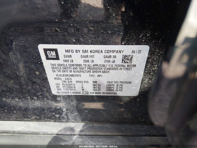 2022 Buick Encore Awd Preferred მანქანა იყიდება აუქციონზე, vin: KL4CJESM3NB537975, აუქციონის ნომერი: 45018535