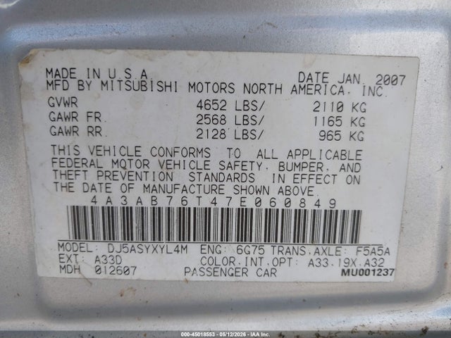 Продаж на аукціоні авто 2007 Mitsubishi Galant Ralliart, vin: 4A3AB76T47E060849, номер лоту: 45018553