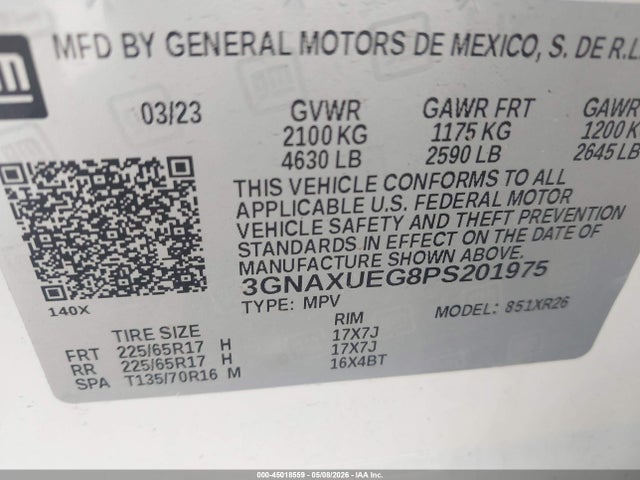 2023 Chevrolet Equinox Awd Lt მანქანა იყიდება აუქციონზე, vin: 3GNAXUEG8PS201975, აუქციონის ნომერი: 45018559